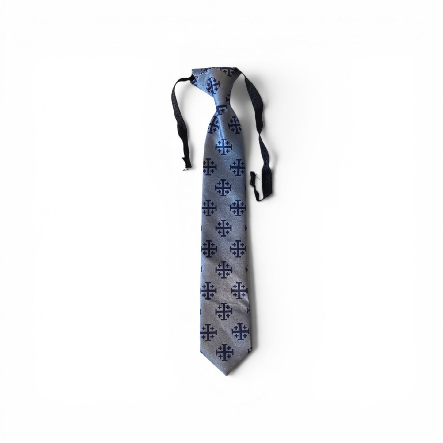 Boys Jerusalem Cross pretied necktie in silver blue with repeating navy Jerusalem Cross medallion pattern, full length on white background