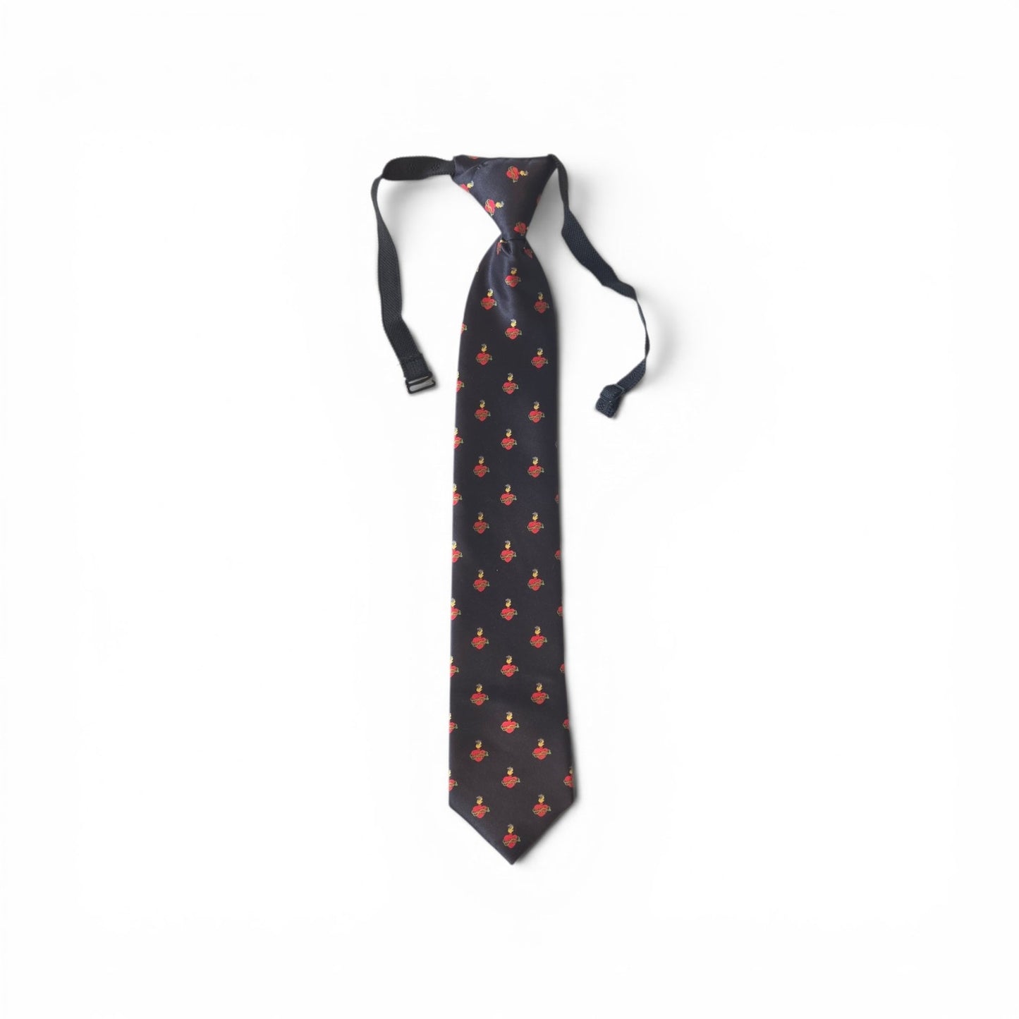 Boys Sacred Heart of Jesus pretied necktie in navy blue with repeating red Sacred Heart of Jesus pattern, full length on white background