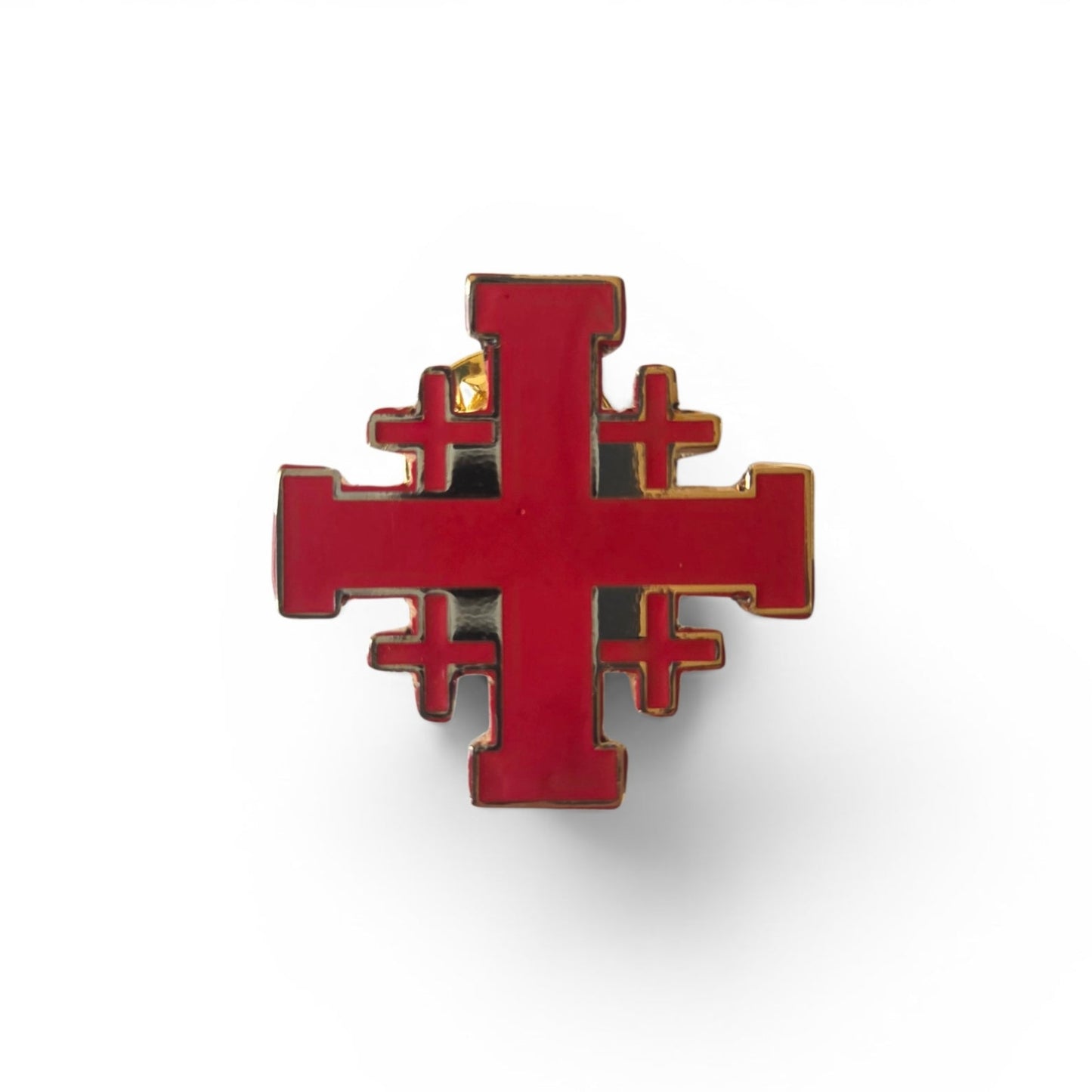 Jerusalem Cross lapel pin in red enamel with gold finish, product shot on white background
