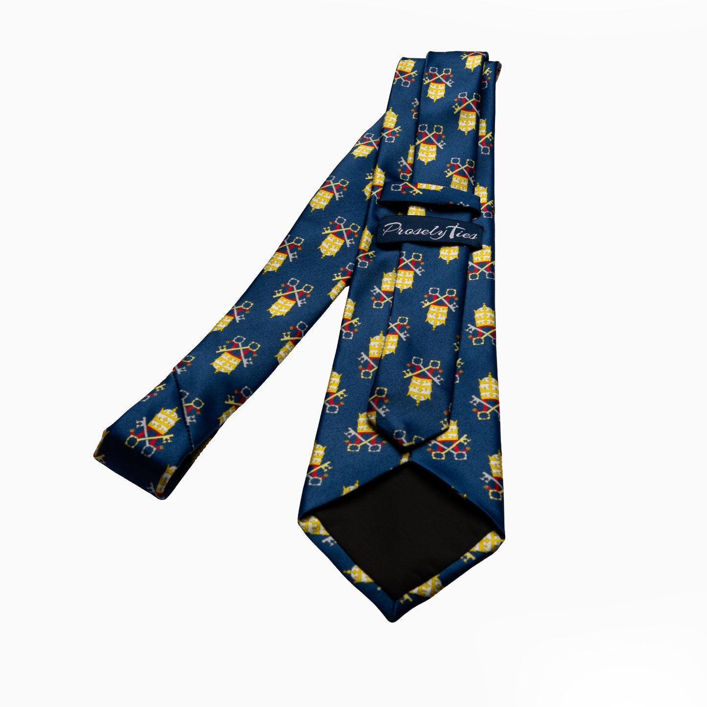 Papal Tiara and Keys navy blue necktie showing ProselyTies brand label and back detail, full length flat lay