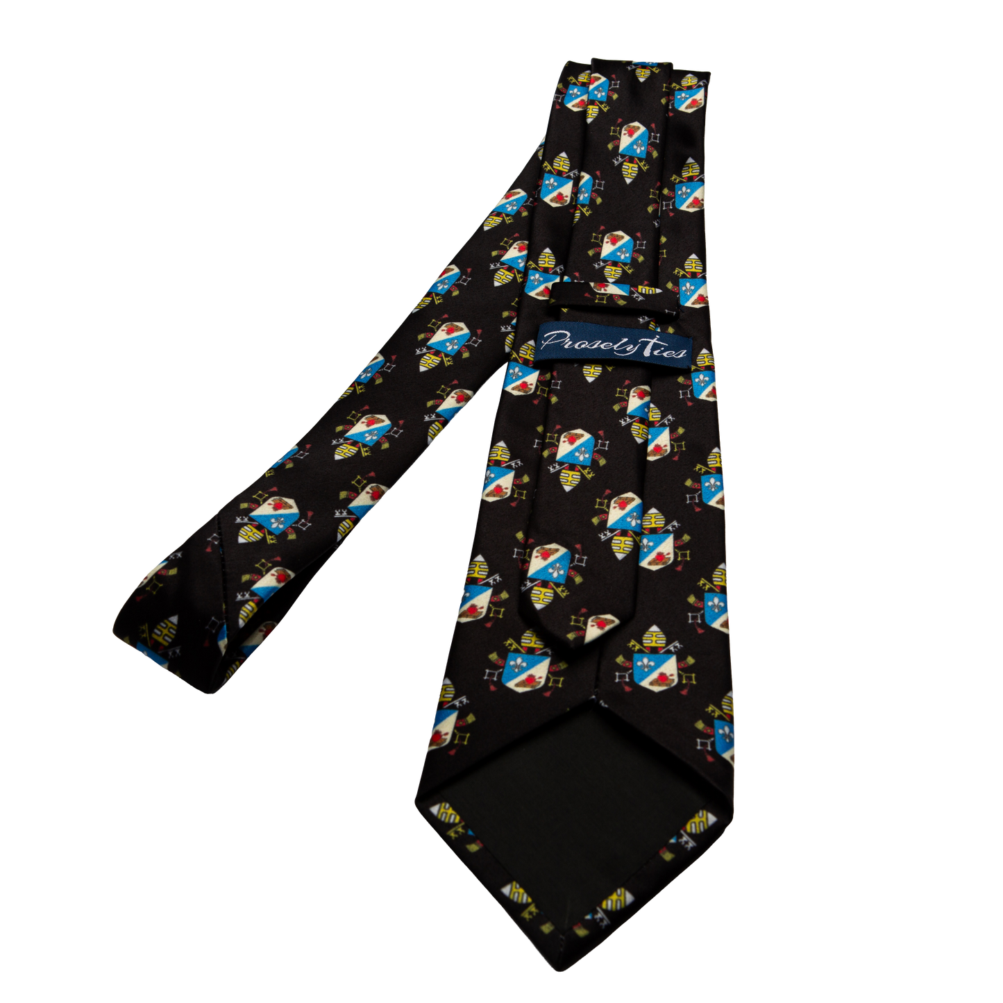Pope Leo XIV Black necktie showing ProselyTies brand label and back detail, full length flat lay