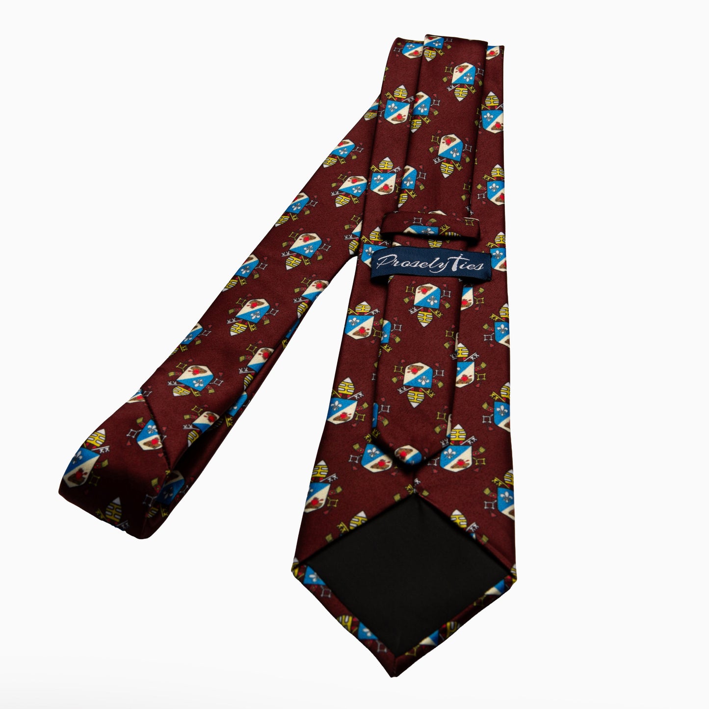 Pope Leo XIV maroon necktie showing ProselyTies brand label and back detail, full length flat lay back
