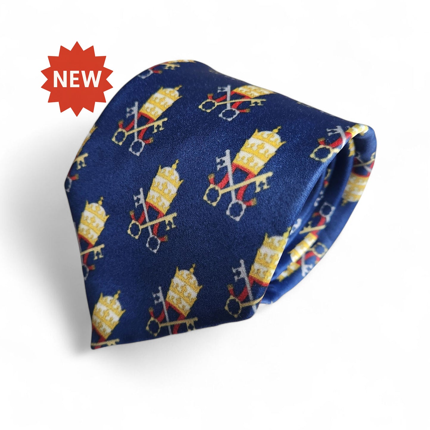 Proselyties Papal Tiara and Keys Navy Catholic necktie rolled up view.