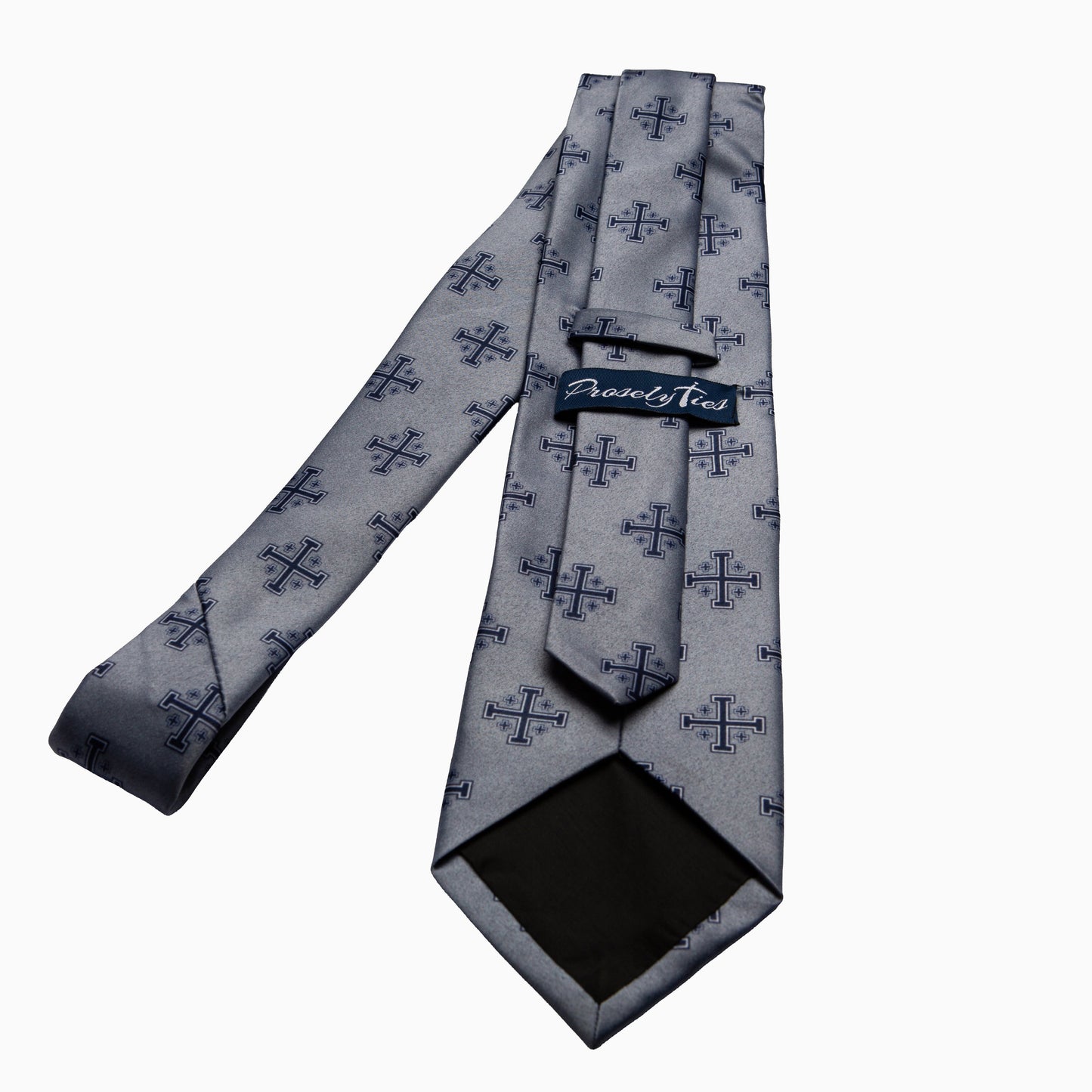 Silver Jerusalem Cross necktie full length flat lay back, navy blue woven crusader cross pattern, men's Christian dress tie
