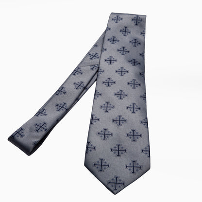 Silver Jerusalem Cross necktie full length flat lay, navy blue crusader cross pattern, men's Christian dress tie