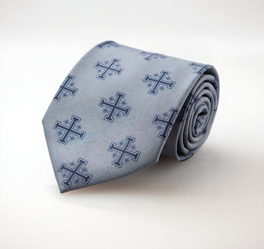silver Jerusalem Cross necktie with navy blue pattern