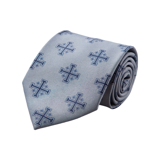 silver Jerusalem Cross necktie with navy blue pattern