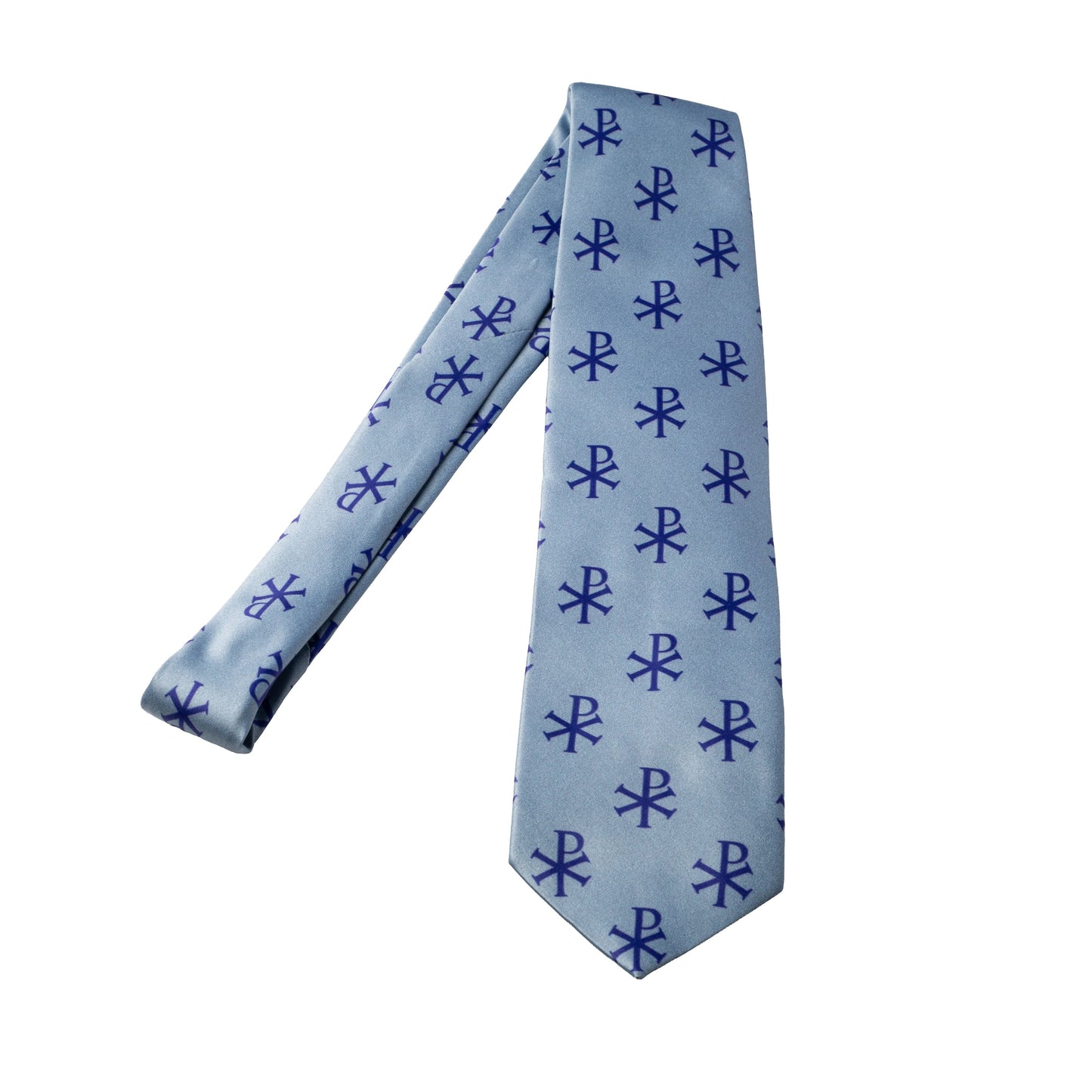Blue Chi-Rho necktie in silver grey with repeating navy blue Chi-Rho symbol pattern, full length flat lay on white background