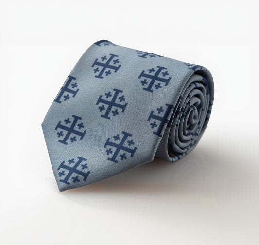 Men's Jerusalem Cross tie silver, blue, and navy, rolled product shot
