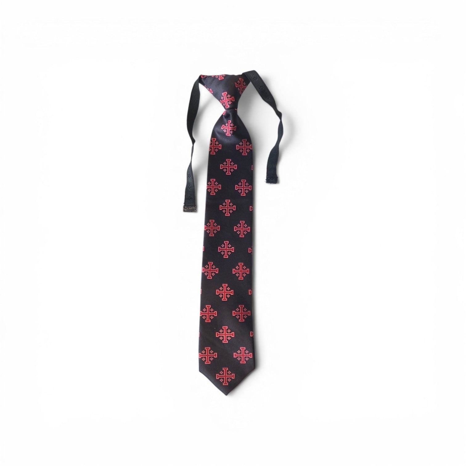 Boys Jerusalem Cross pretied necktie in black with repeating red Jerusalem Cross pattern, full length on white background