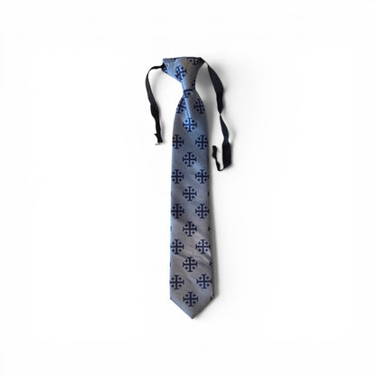 Boys Jerusalem Cross pretied necktie in silver blue with repeating navy Jerusalem Cross medallion pattern, full length on white background
