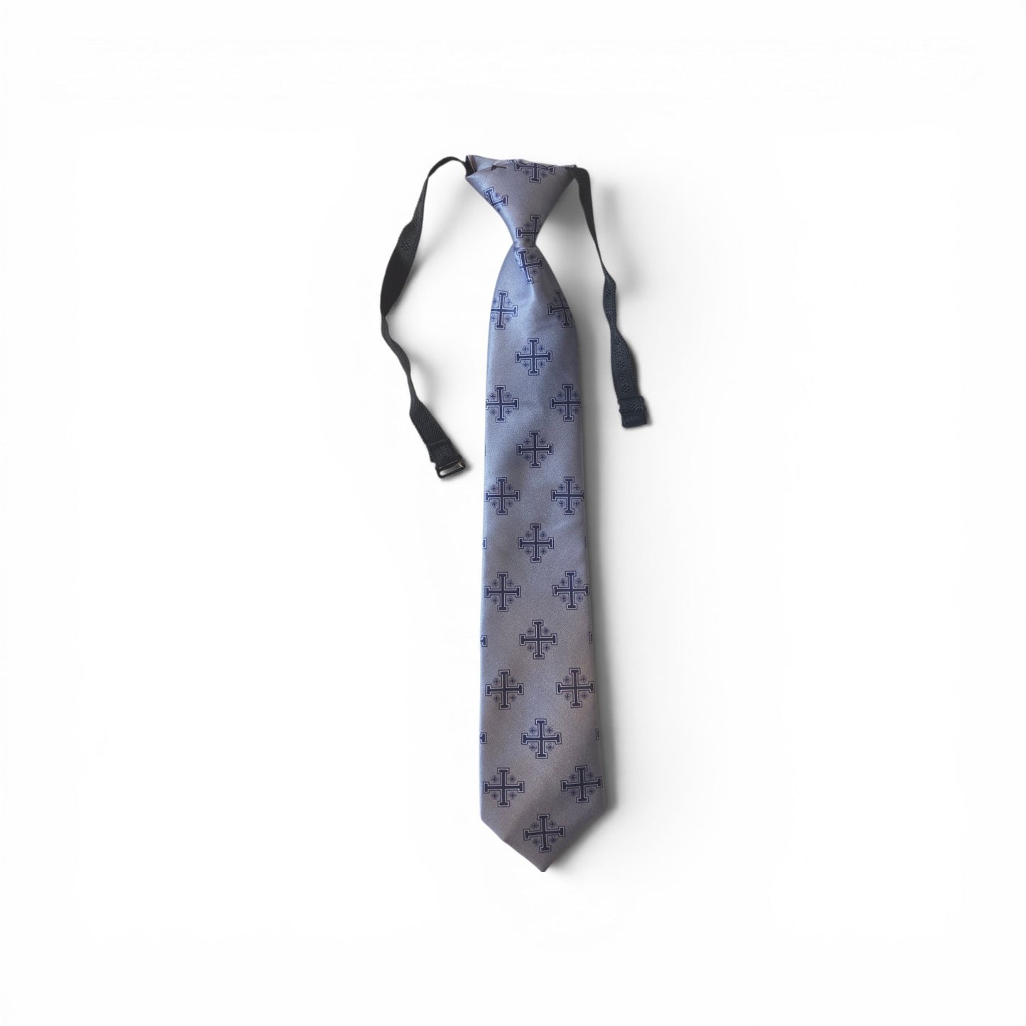 Boys Jerusalem Cross pretied necktie in silver blue with repeating navy and white Jerusalem Cross pattern, full length on white background