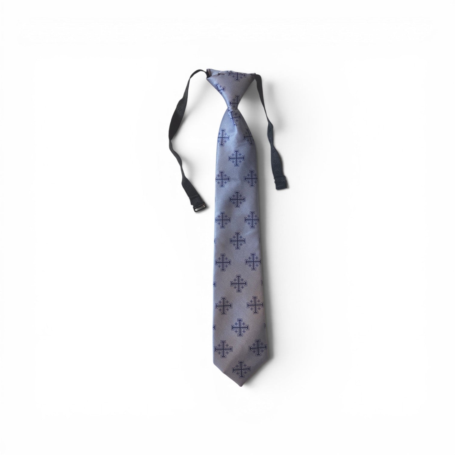 Boys Jerusalem Cross pretied necktie in silver blue with repeating navy and white Jerusalem Cross pattern, full length on white background