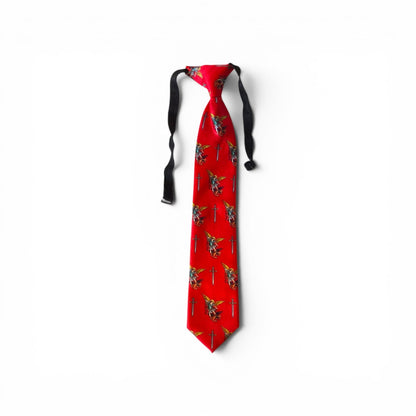 Boys St. Michael pretied necktie in red with repeating Archangel Michael defeating Satan and sword pattern, full length on white background