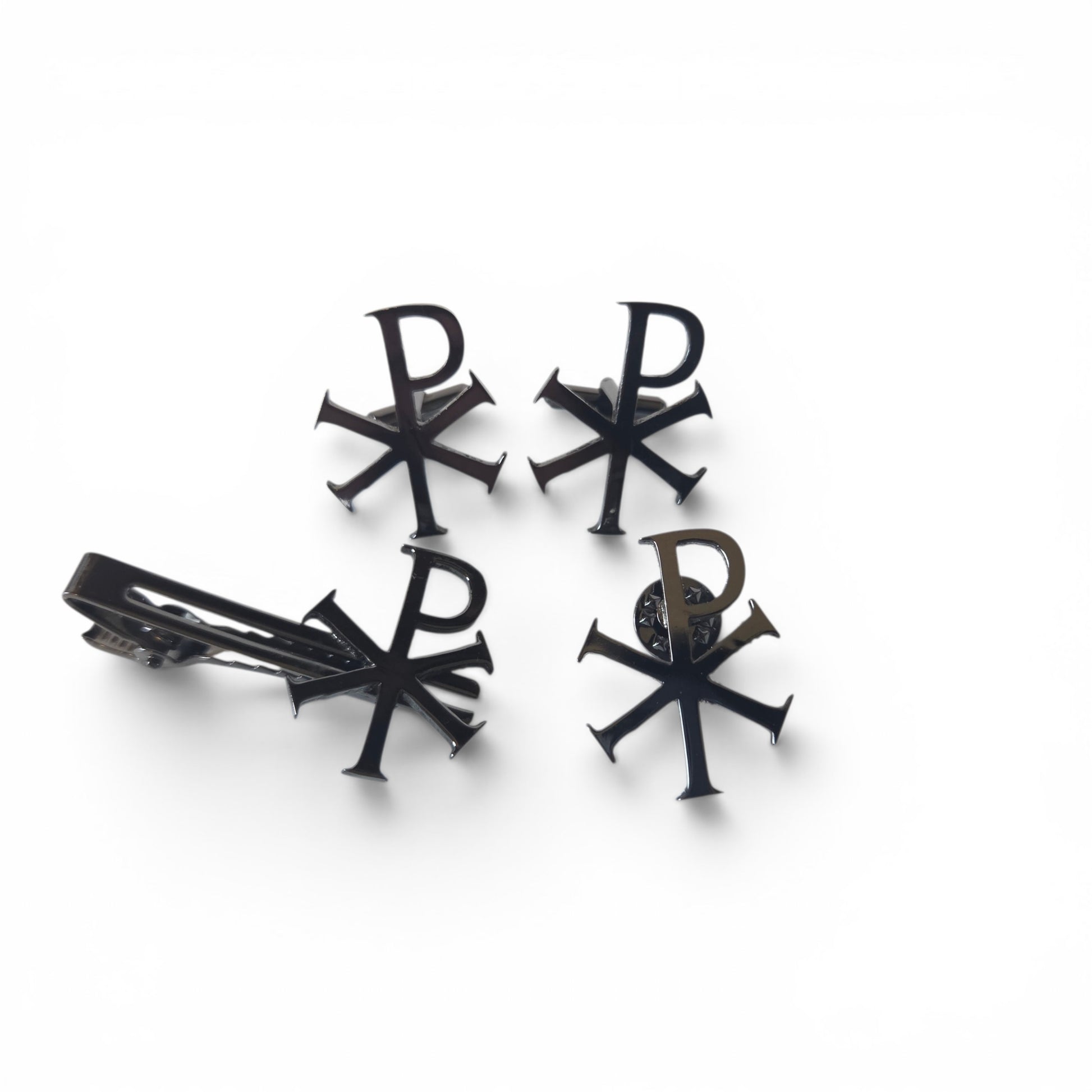 Chi-Rho gift set in silver chrome including two cufflinks, tie bar, and lapel pin with Christogram design, product shot on white background