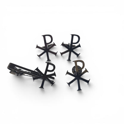 Chi-Rho gift set in silver chrome including two cufflinks, tie bar, and lapel pin with Christogram design, product shot on white background