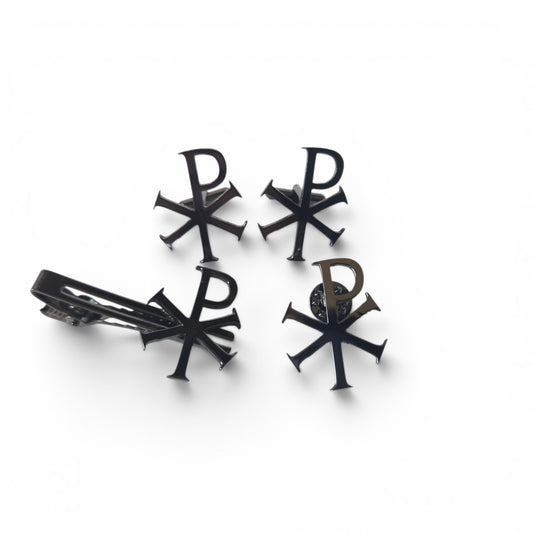 Chi-Rho gift set in silver chrome including two cufflinks, tie bar, and lapel pin with Christogram design, product shot on white background