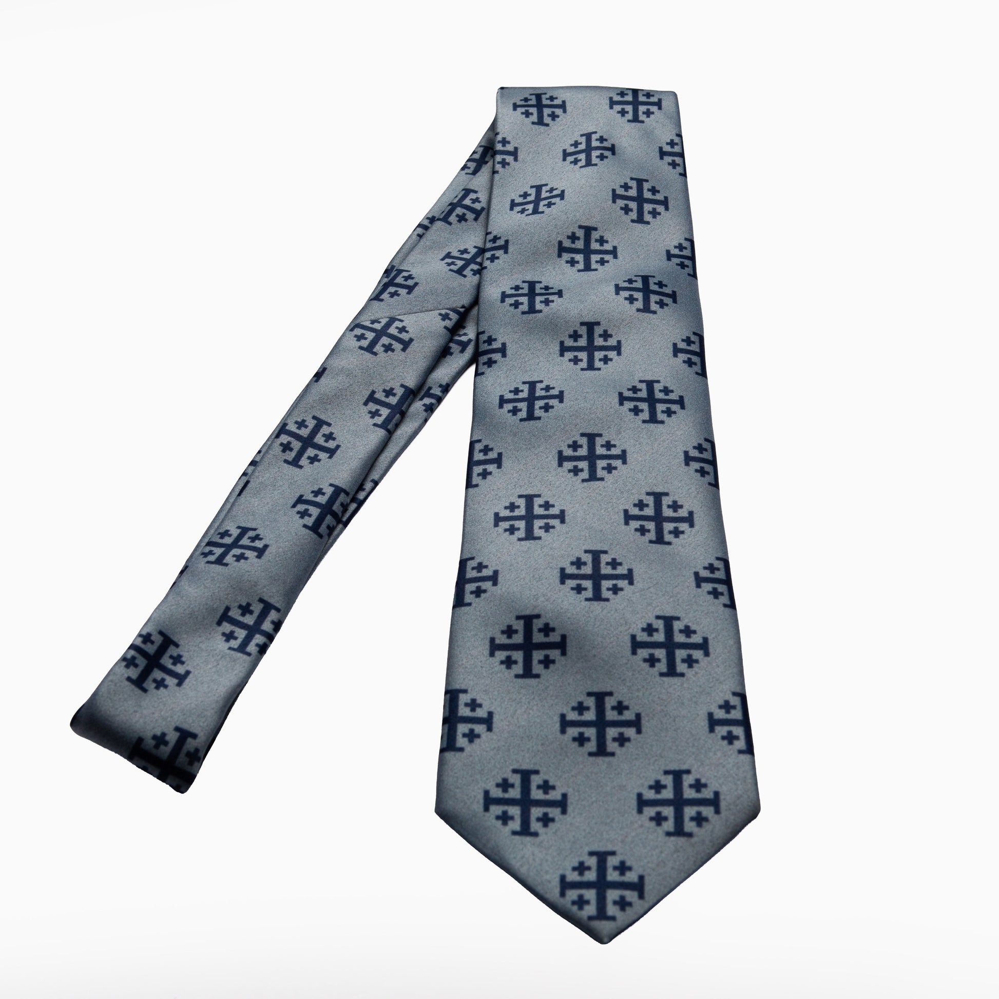 Men's Jerusalem Cross medallion necktie silver grey with navy blue circular cross pattern, full length flat lay