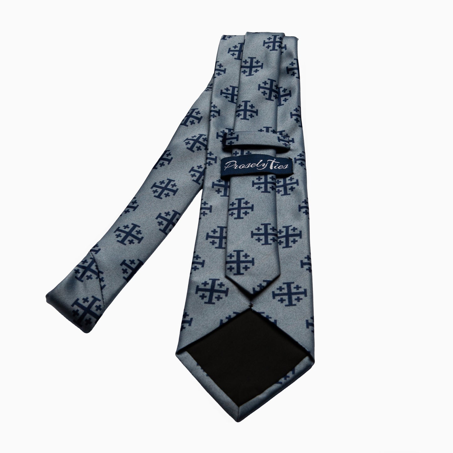 Men's Jerusalem Cross medallion necktie silver grey with navy blue circular cross pattern, full length flat lay back