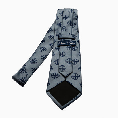 Men's Jerusalem Cross medallion necktie silver grey with navy blue circular cross pattern, full length flat lay back