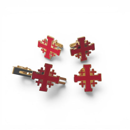 Jerusalem Cross gift set in red enamel and gold including two cufflinks, tie bar, and lapel pin, product shot on white background