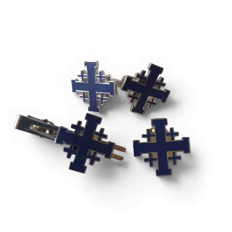 Jerusalem Cross gift set in blue enamel and silver including two cufflinks, tie bar, and lapel pin, product shot on white background