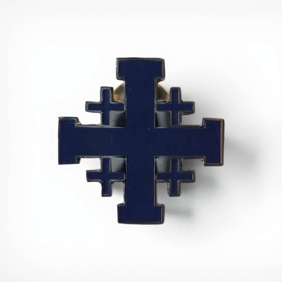 Jerusalem Cross lapel pin in blue enamel with silver finish, product shot on white background