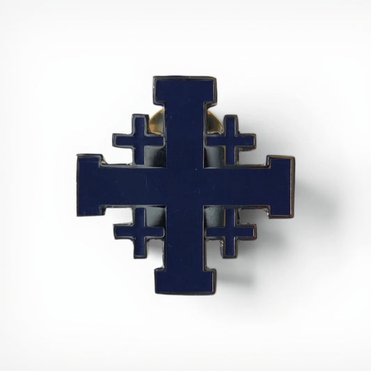 Jerusalem Cross lapel pin in blue enamel with silver finish, product shot on white background