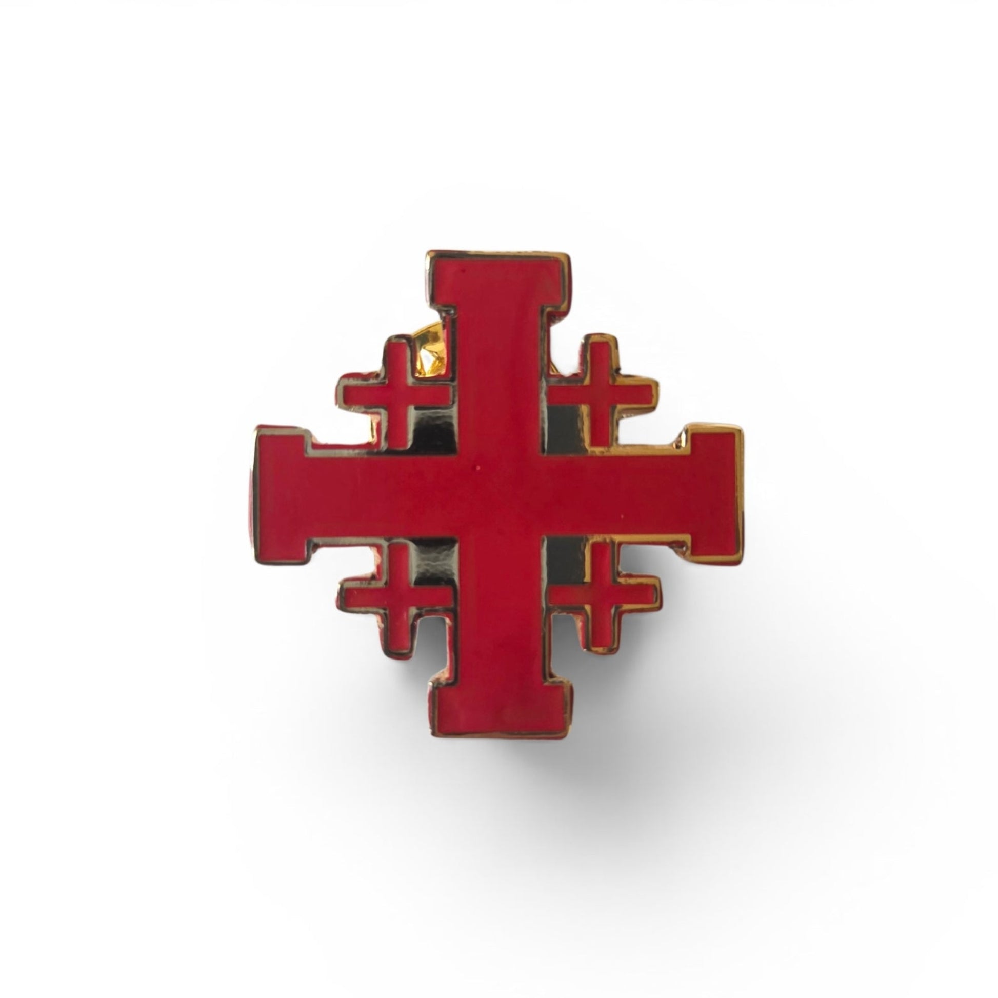 Jerusalem Cross lapel pin in red enamel with gold finish, product shot on white background