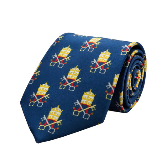 Papal Tiara and Keys navy blue necktie with repeating Vatican symbol pattern, rolled
