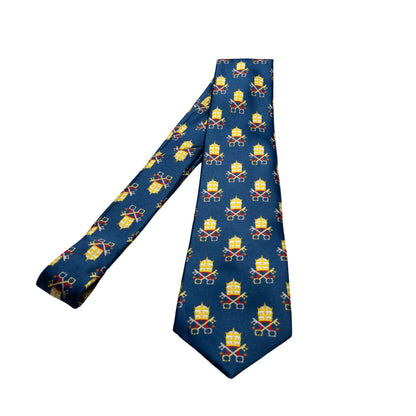 Papal Tiara and Keys navy blue necktie full length flat lay showing repeating tiara and crossed keys pattern