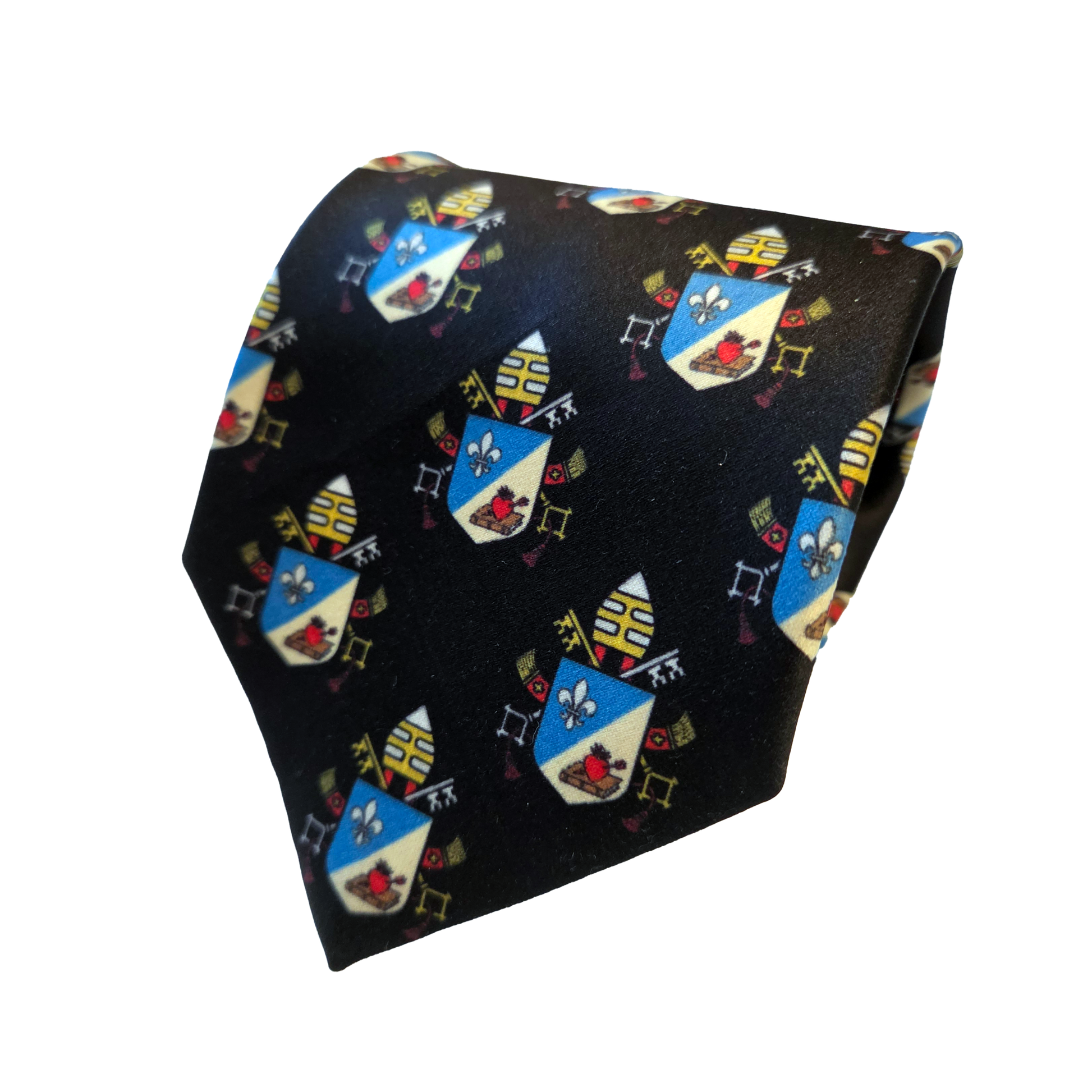 Pope Leo XIV maroon necktie with repeating papal coat of arms pattern, rolled
