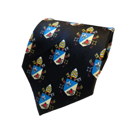 Pope Leo XIV maroon necktie with repeating papal coat of arms pattern, rolled