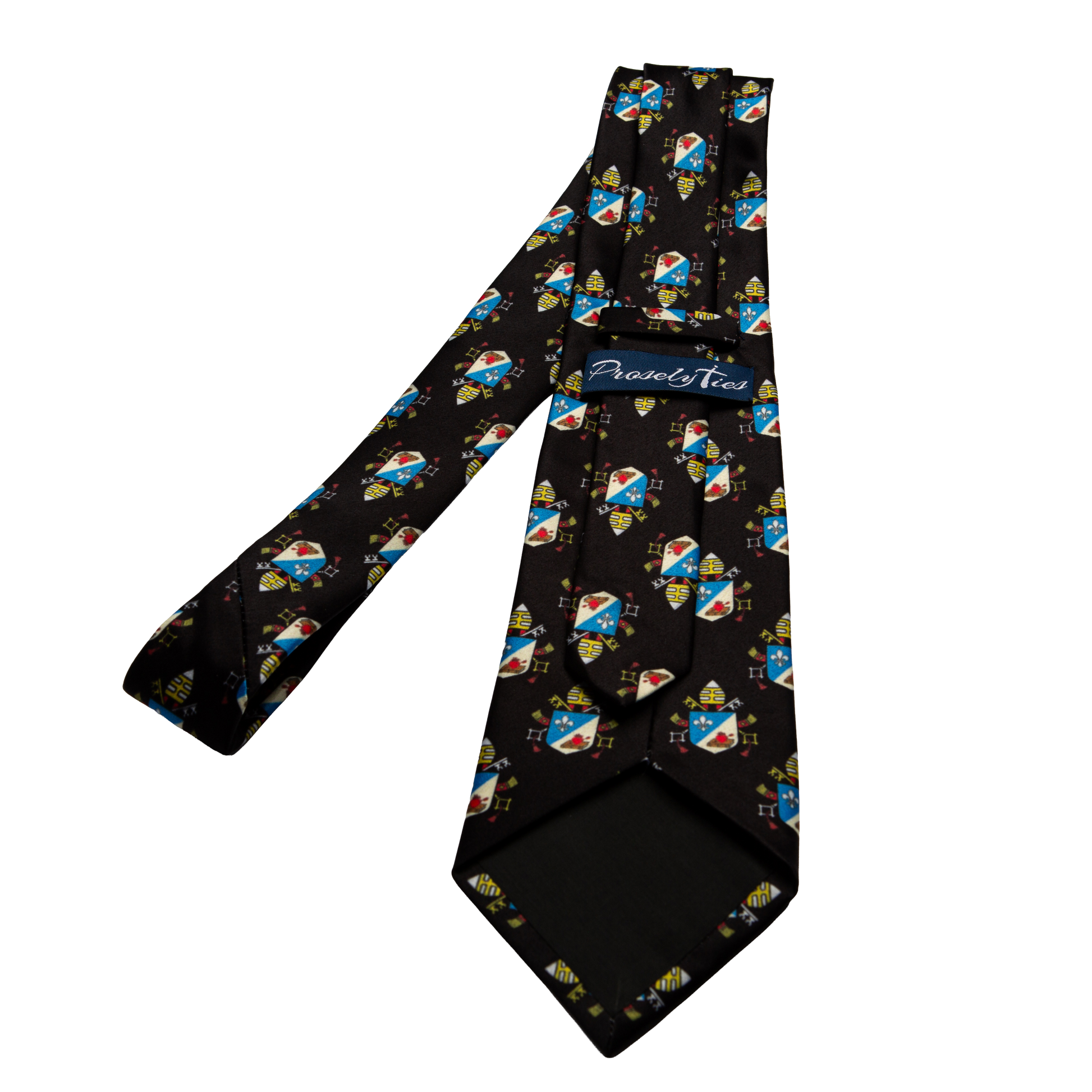 Pope Leo XIV Black necktie showing ProselyTies brand label and back detail, full length flat lay