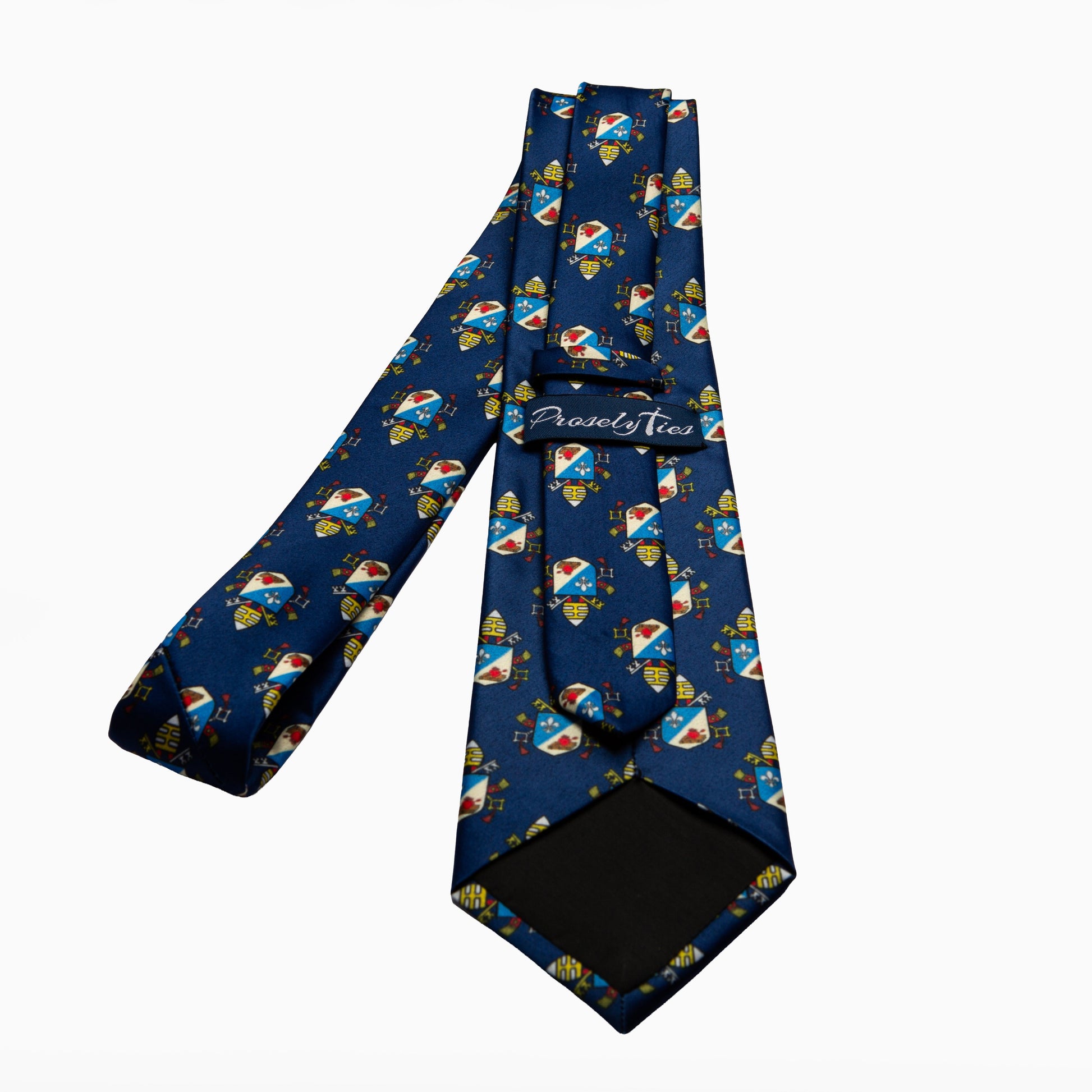 Pope Leo XIV Navy necktie showing ProselyTies brand label and back detail, full length flat lay