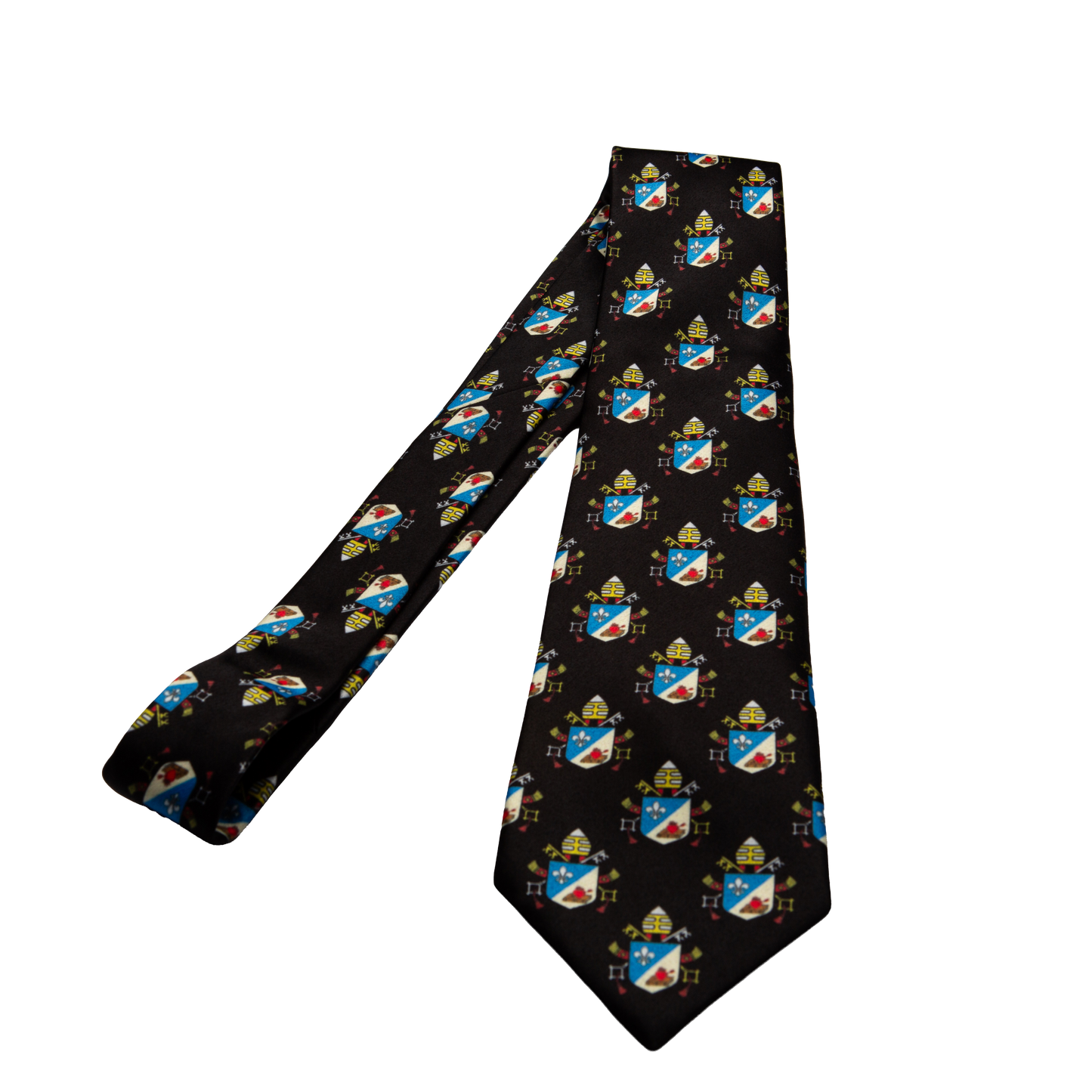 Pope Leo XIV Black necktie featuring papal coat of arms heraldic pattern, full length flat lay 