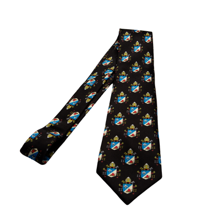 Pope Leo XIV Black necktie featuring papal coat of arms heraldic pattern, full length flat lay 