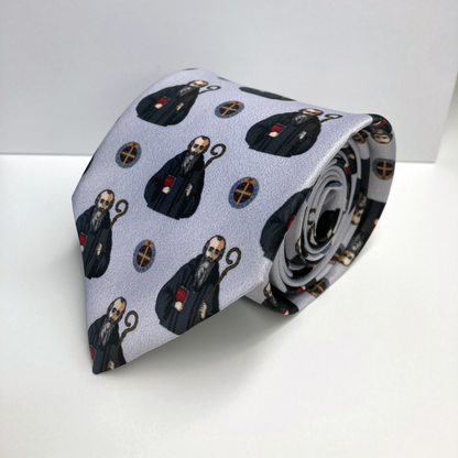 Proselyties St. Benedict Catholic necktie rolled up view.