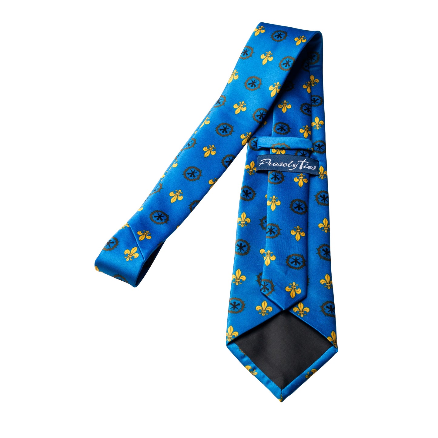 St. Louis IX royal blue necktie showing ProselyTies brand label and back detail, full length flat lay on white background