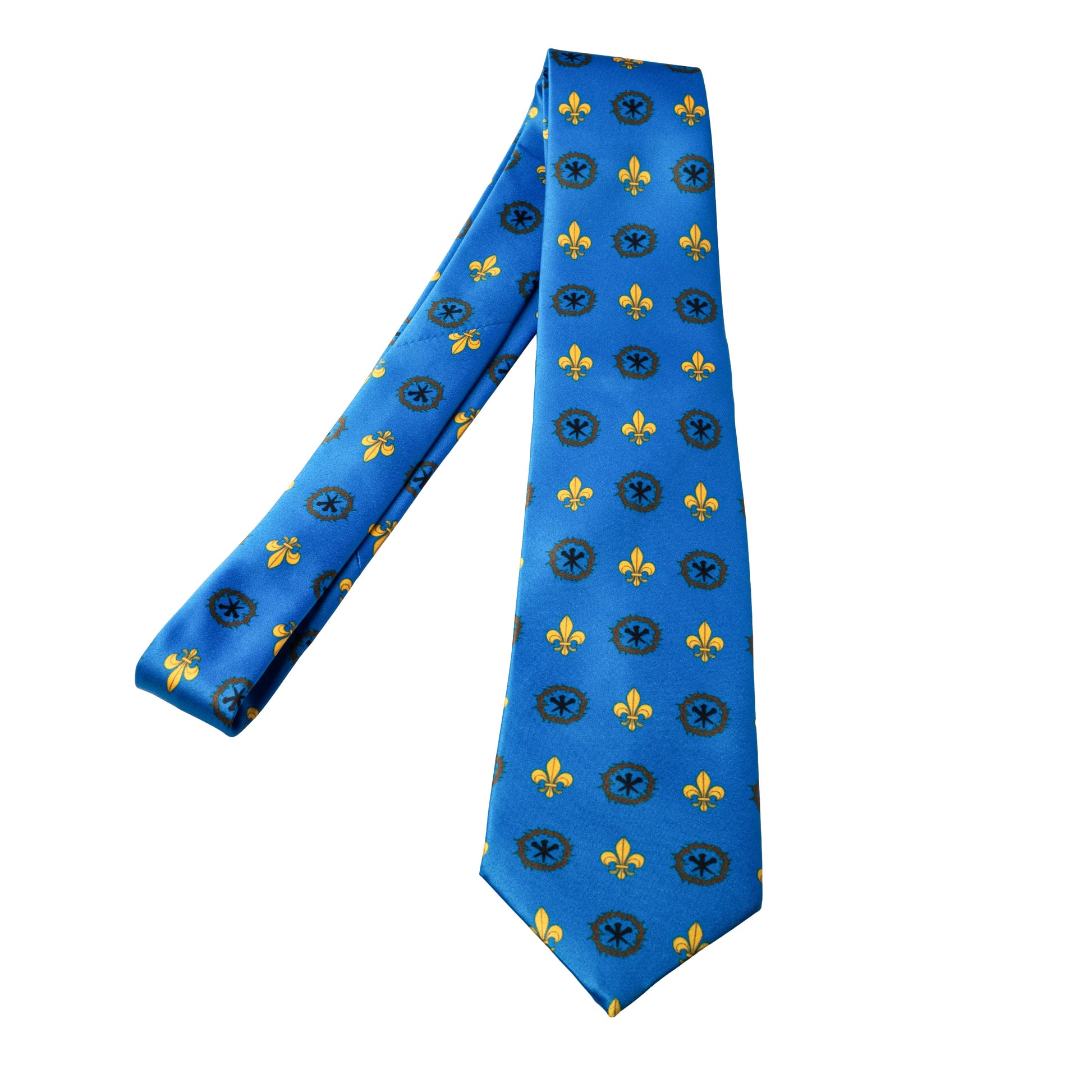 St. Louis IX royal blue necktie with gold fleur-de-lis and Chi-Rho crown of thorns pattern, full length flat lay on white background