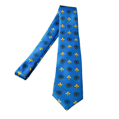 St. Louis IX royal blue necktie with gold fleur-de-lis and Chi-Rho crown of thorns pattern, full length flat lay on white background