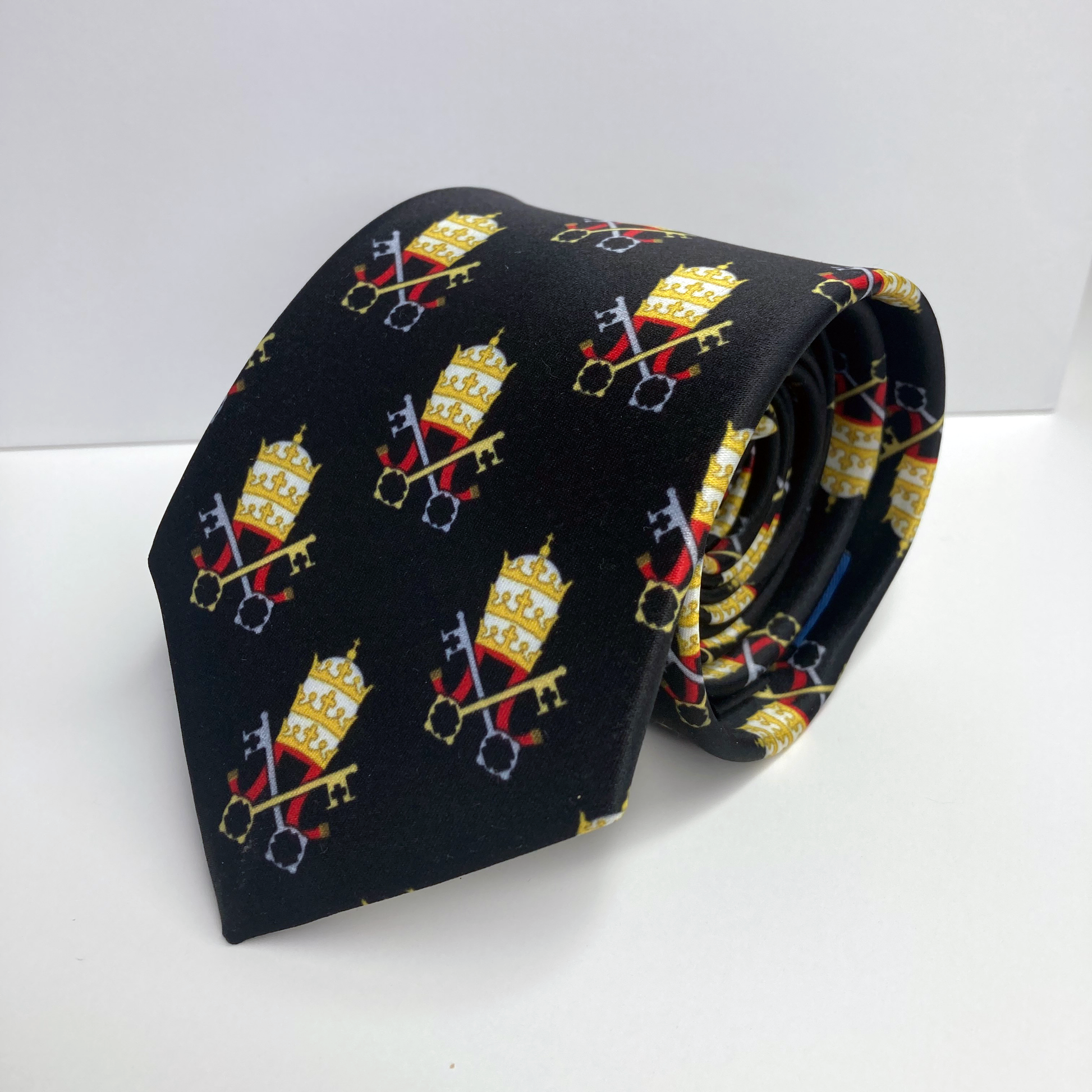 Proselyties Papal Tiara and Keys Black Catholic necktie rolled up view