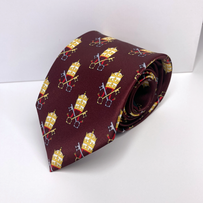 Proselyties Papal Tiara and Keys maroon Catholic necktie rolled up view.