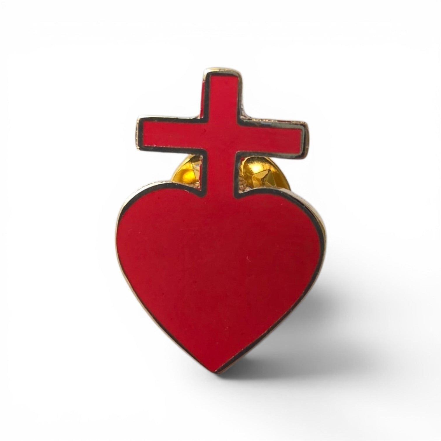 Vendée Sacred Heart lapel pin with red enamel heart and cross on gold setting, product shot on white background