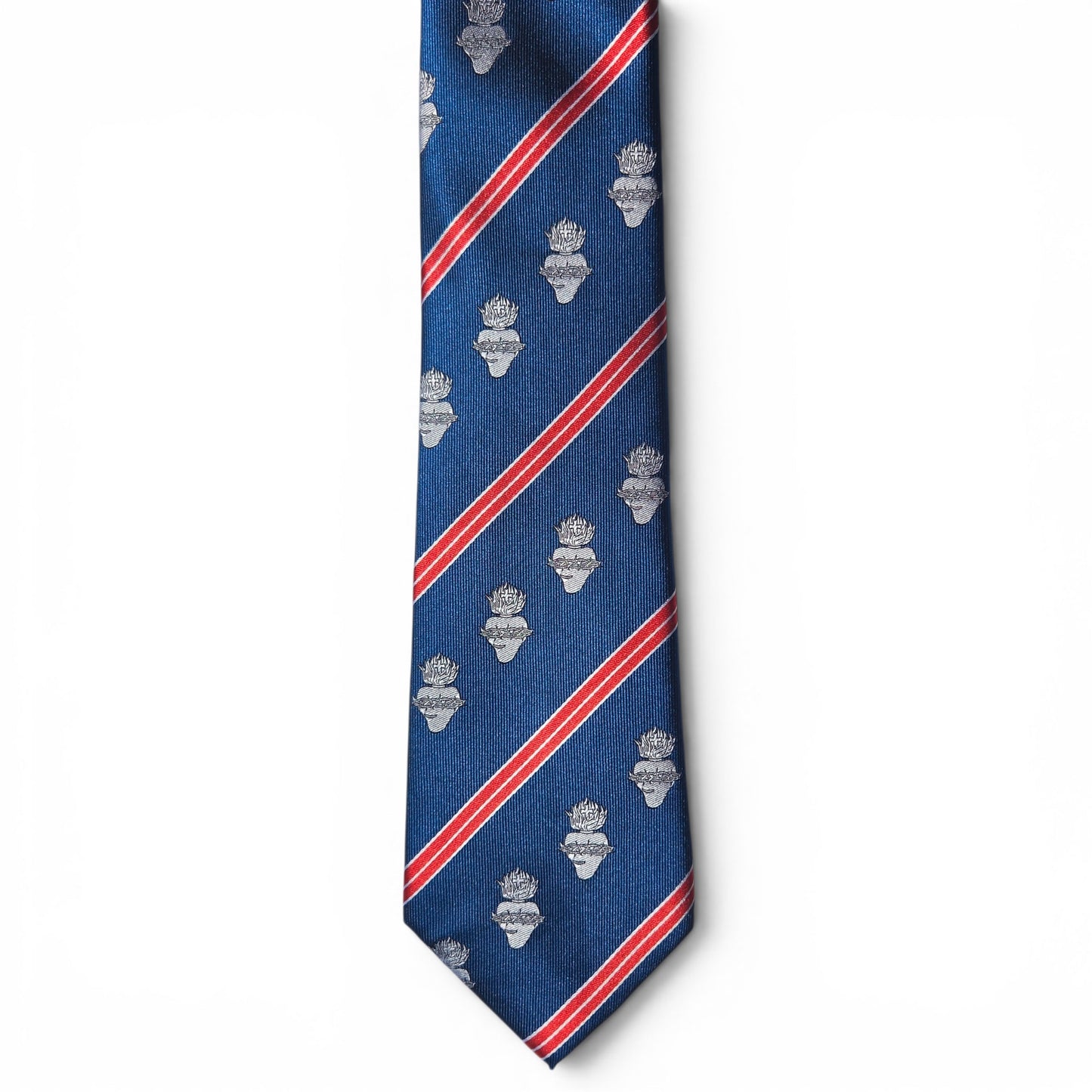 A navy blue silk necktie with diagonal red and white stripes and repeating sacred heart motifs, displayed on a clean white background flat.