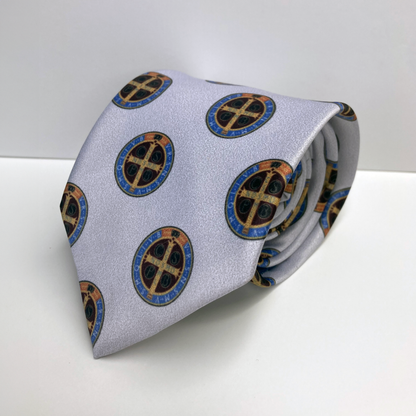 Proselyties St. Benedict medal Catholic necktie rolled up view.