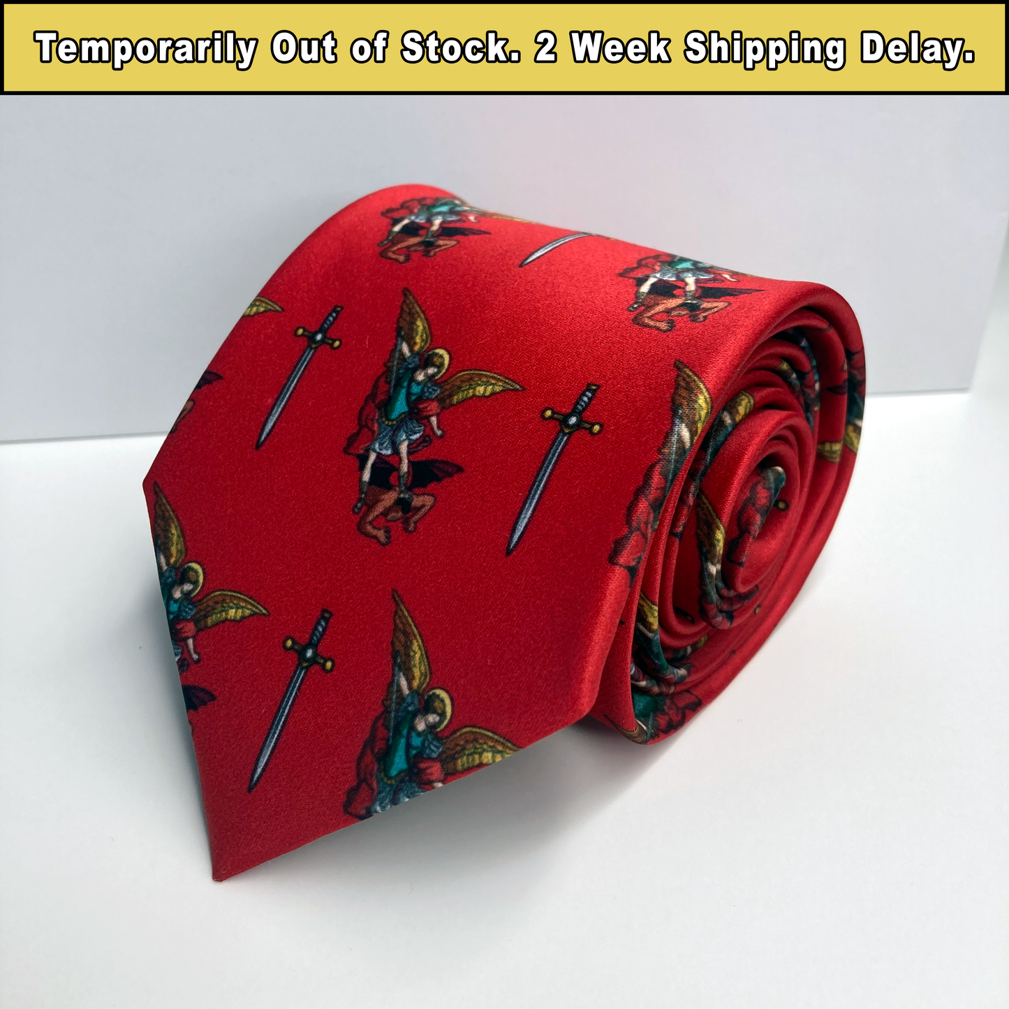 Proselyties St. Michael Catholic necktie rolled up view.